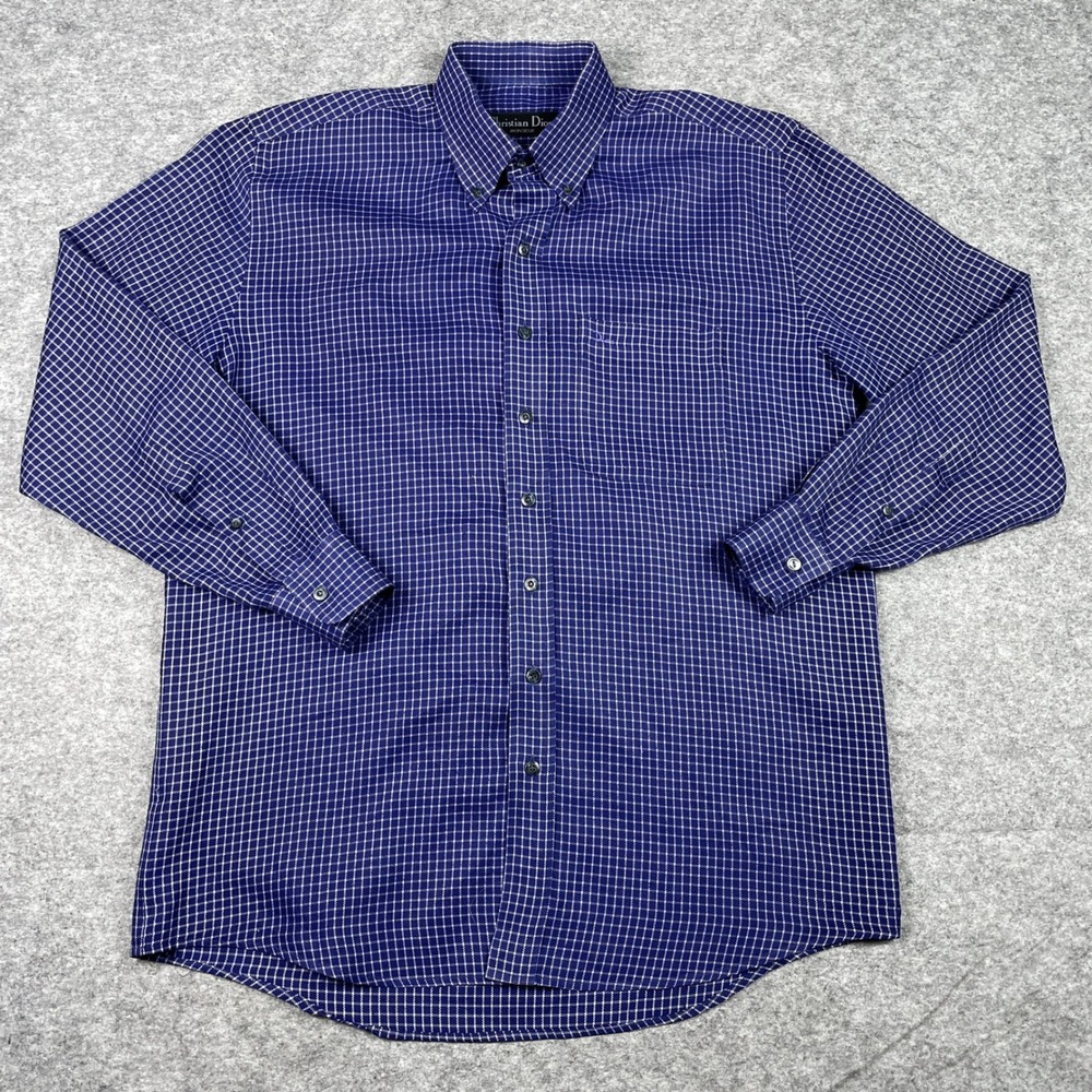 Vintage 80s Christian Dior Monsieur Shirt Mens L Blue Grid Wrinkle Free France